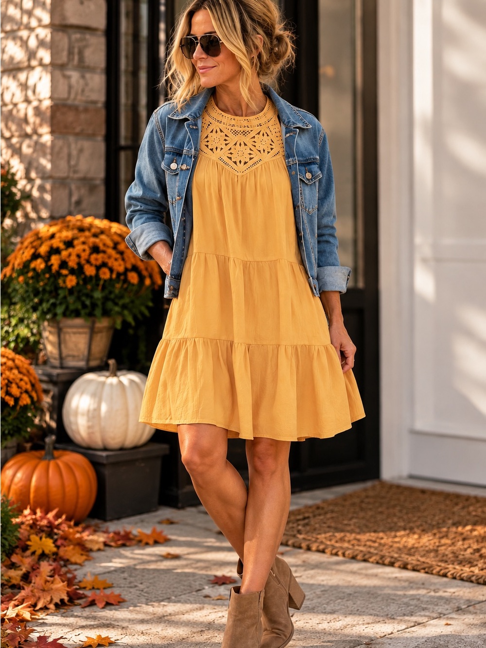 Crochet Yoke Tiered Mini Dress in Mustard Yellow